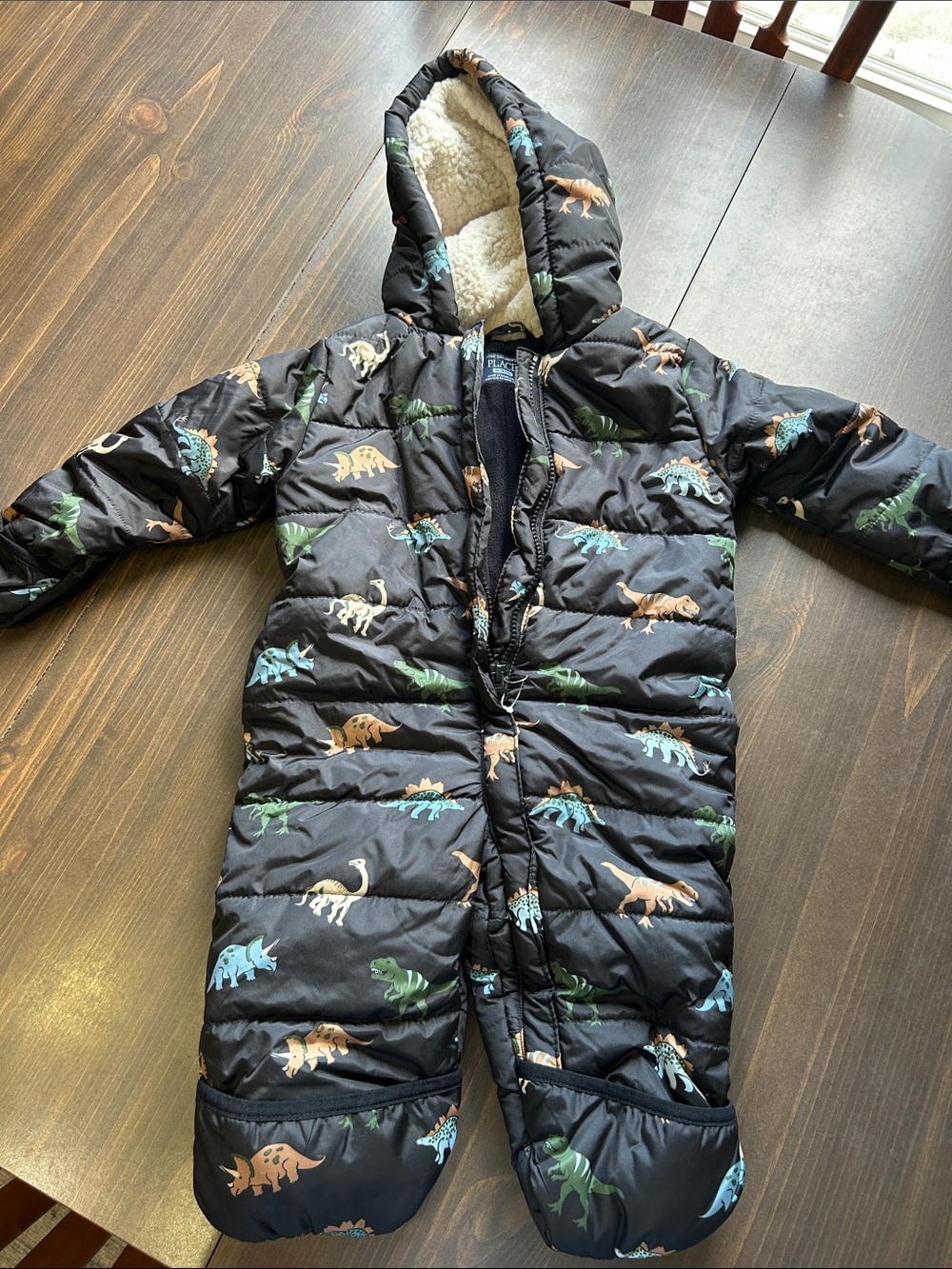 The Children's Place Black Puffer Jacket one-piece Dinosaurs NWOT size 12-18 mos